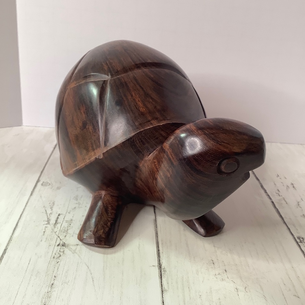 Vintage Handmade Wooden Turtle Statue Carved Wood Folk Art Animal Figurine
